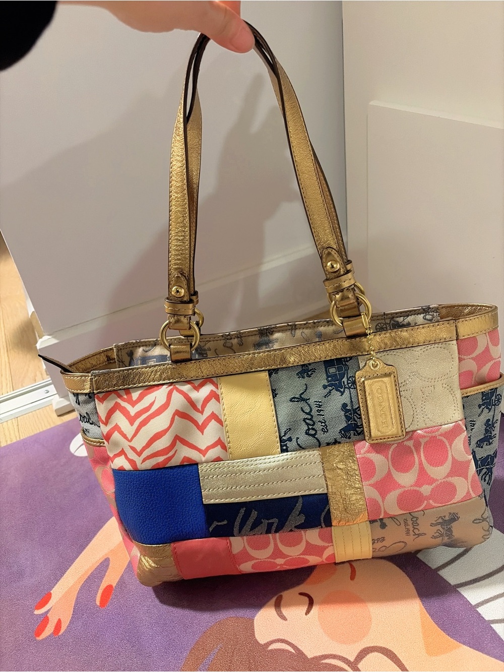 Coach Multicolor Patchwork Tote with Gold Leather Trim
